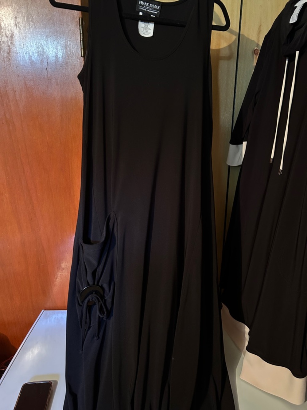 Frank Lyman Design Black Sleeveless Maxi Dress with Decorative Pocket Ring